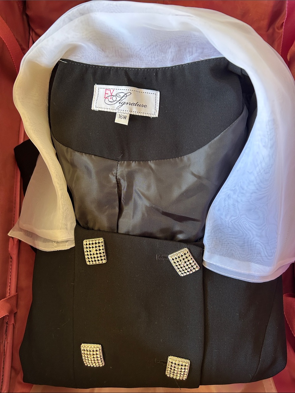 Signature Black Double-Breasted Blazer with White Scarf and Rhinestone Buttons